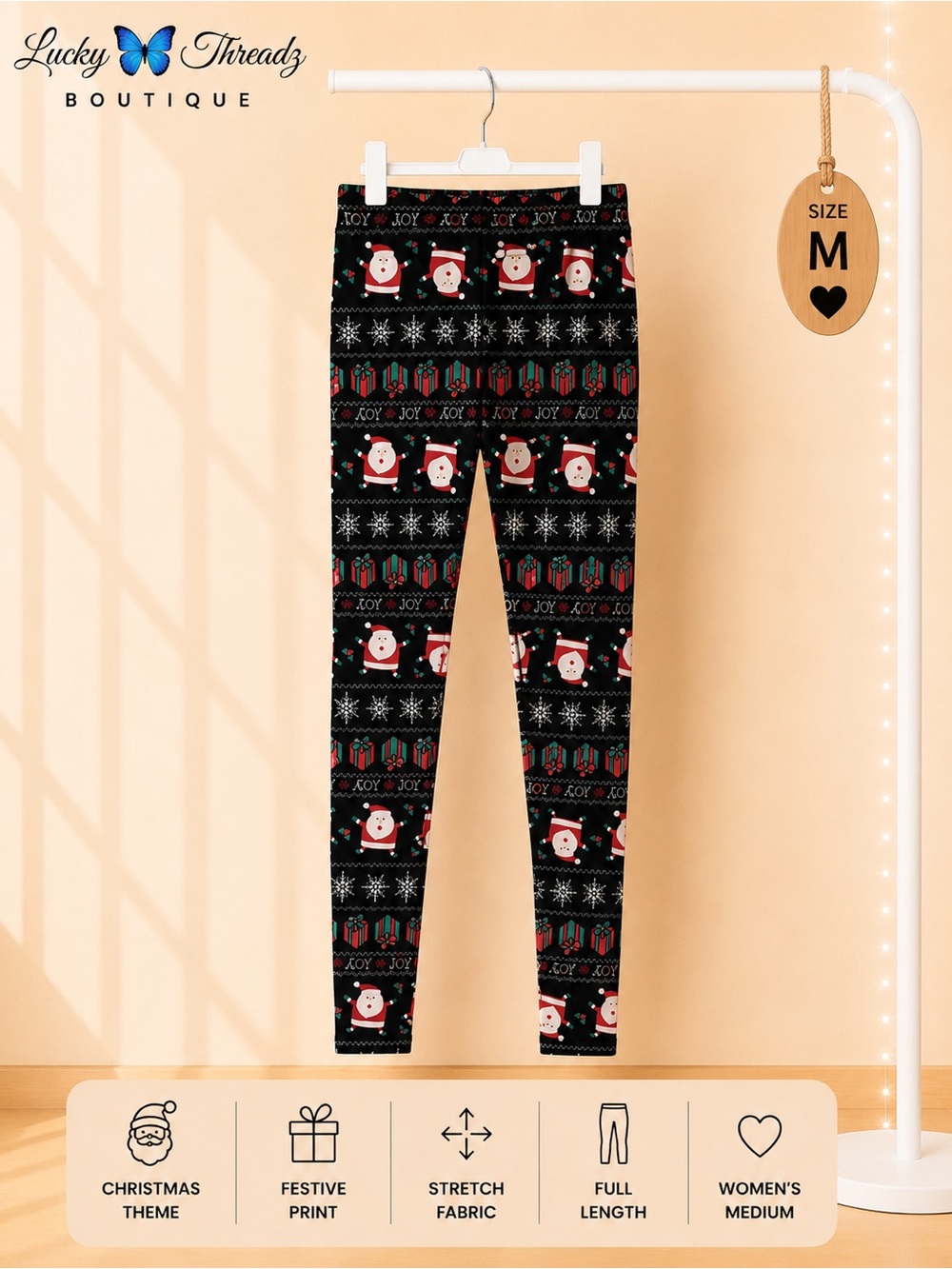 Christmas Santa Gift Leggings Women’s Medium Holiday Stretch